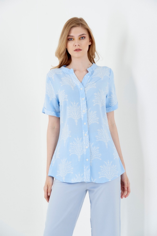 Picture of Woman Blue V Neck Ksa Sleeve Printed Viscose Blouse