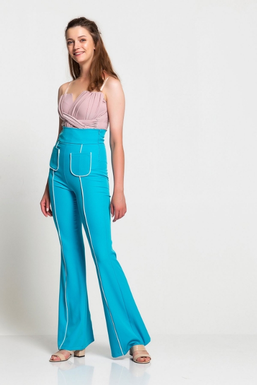 Kadın Mavi Yüksek Bel Cep Detaylı İspanyol Paça Pantolon resmi