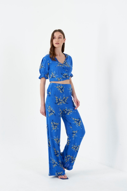Picture of Woman Blue High Waist side Zipped Viscose Trousers