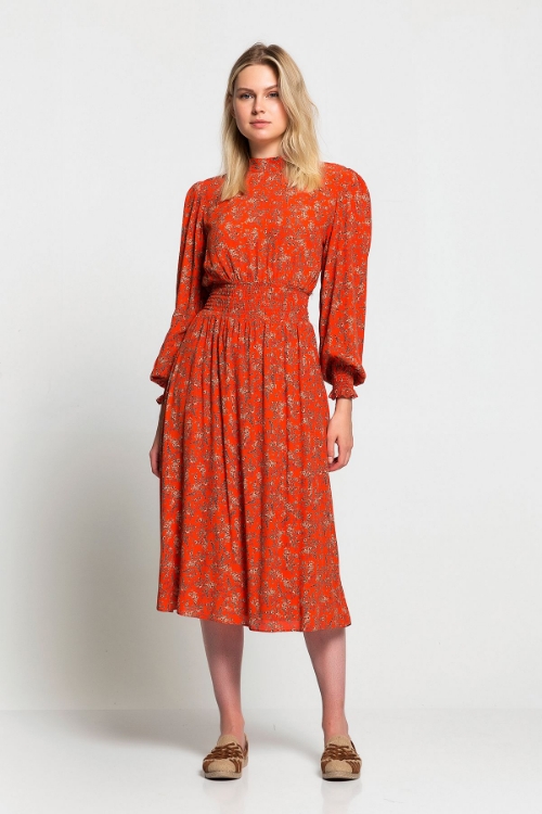 Picture of Woman Coral flower Patterned Midi Dress