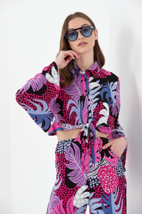 Picture of Woman Purple Long Maxi Sleeve Printed Viscose Crop Blouse