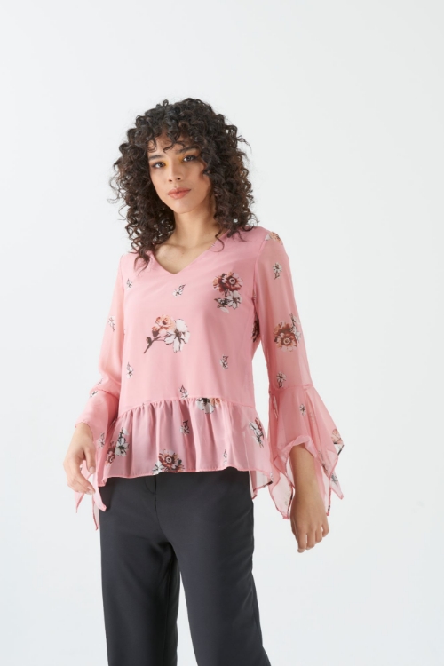 Picture of Woman Pink handles Ruffle V Neck Chiffon Blouse