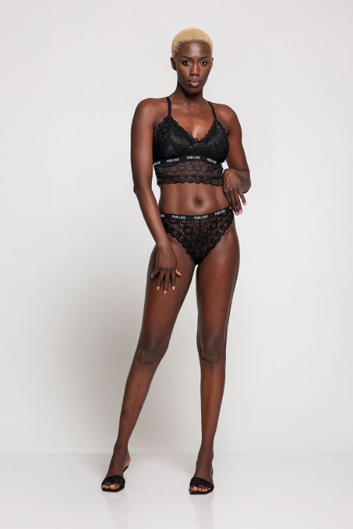 Kadın Siyah Desteksiz Kemer Yazılı Dantelli  Büstiyer Takım resmi