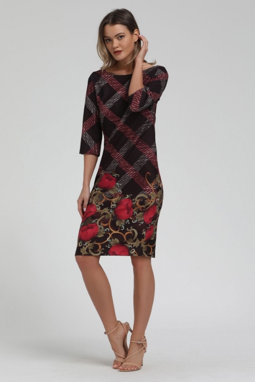 Picture of Woman Black skirt flower Patterned Boat Neck Short Dress