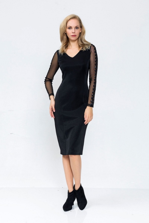 Picture of Woman Black Chiffon Sleeved Sequined Dress