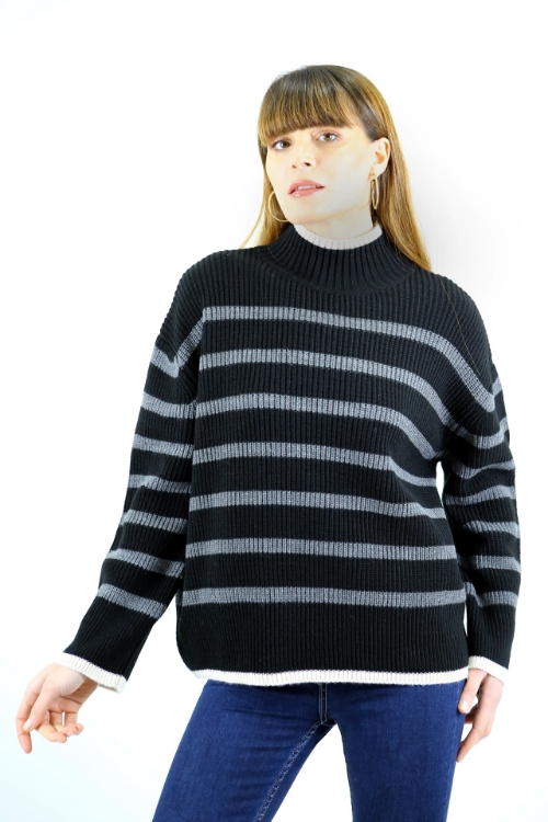 Picture of Woman Black Half Turtle Neck Neck Striped Knitwear Pullover