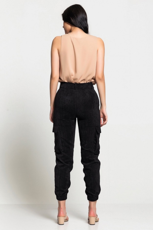 Picture of Woman Black high Waist Cargo with pockets Velvet Trousers