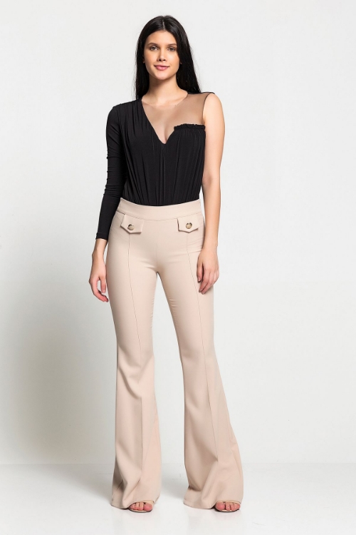 Picture of Woman Stone High Waist Pocket Detailed Flare Trotter Trousers