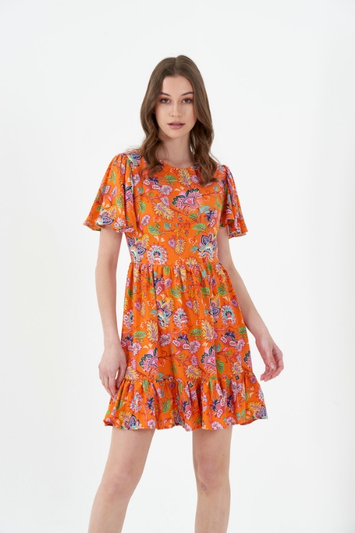 Picture of Woman Orange MRT613 Crew Neck Short Sleeve Mini Viscose Dress