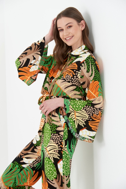 Picture of Woman Orange Long Maxi Sleeve Printed Viscose Crop Blouse