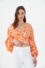 Picture of Woman Orange V Neck Balon Sleeve Crop Blouse