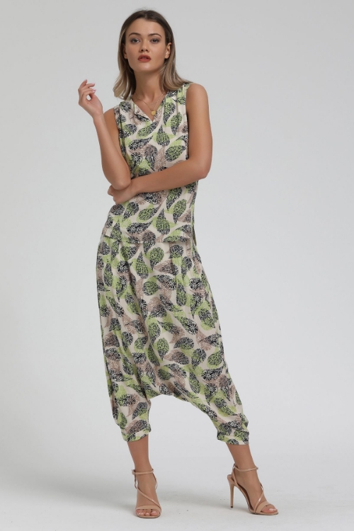Picture of Woman Green flower Patterned Sleevless Overall