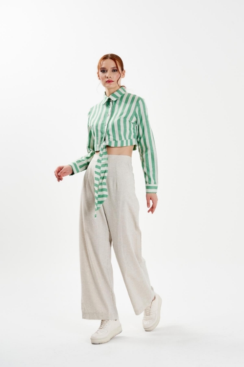 Kadın Yeşil Crop Gömlek Pantolon Takım resmi