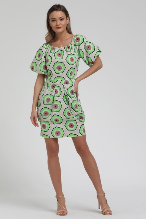 Kadın Yeşil Geometrik Desenli Karpuz Kol Kısa Elbise resmi