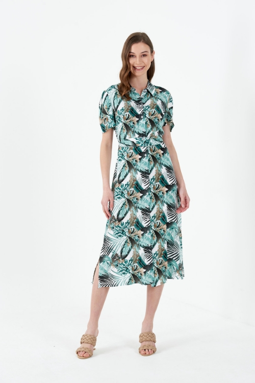 Picture of Woman Green Watermelon Sleeve Patterned Midi Shirt Dress