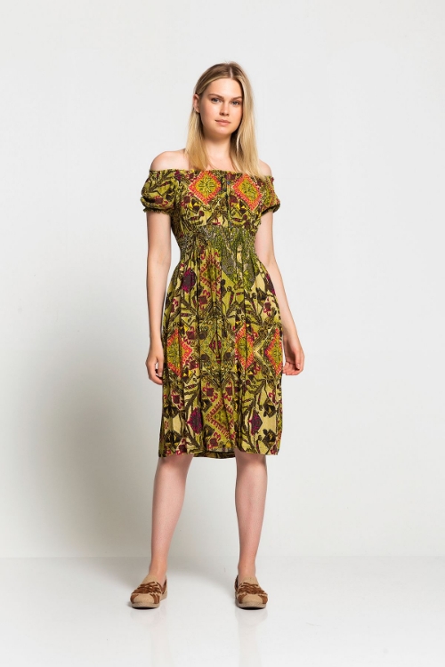 Picture of Woman Green shoulders Light Ethnic Pattern Dress