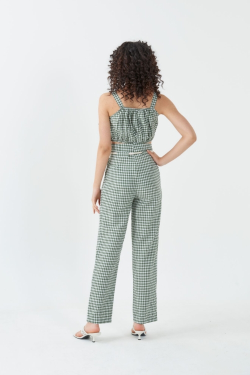 Kadın Yeşil SDR338 Ekose Crop Bluz Pantolon Takım resmi