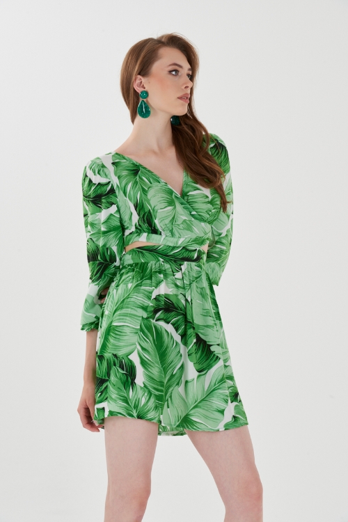 Picture of Woman Green Backpack low-cut Mini Patterned Dress