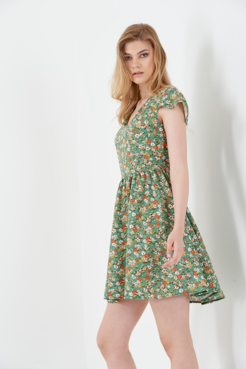 Picture of Woman Green V Neck Moon Sleeve Mini Viscose Dress