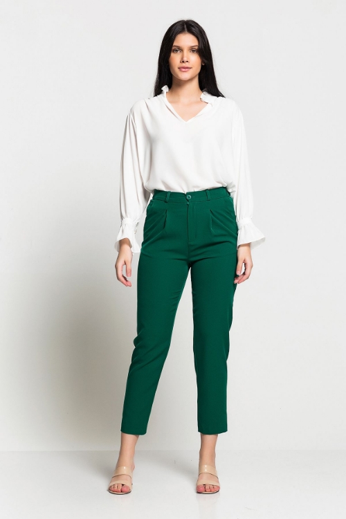 Picture of Woman Green High Waist Buttoned Comfortable Cut Trousers