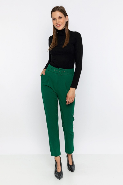 Picture of Woman Green High Waist Belted Normal Trotter Trousers