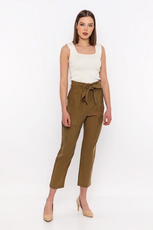 Picture of Woman Khaki Belt Detayli Side with pockets Trousers