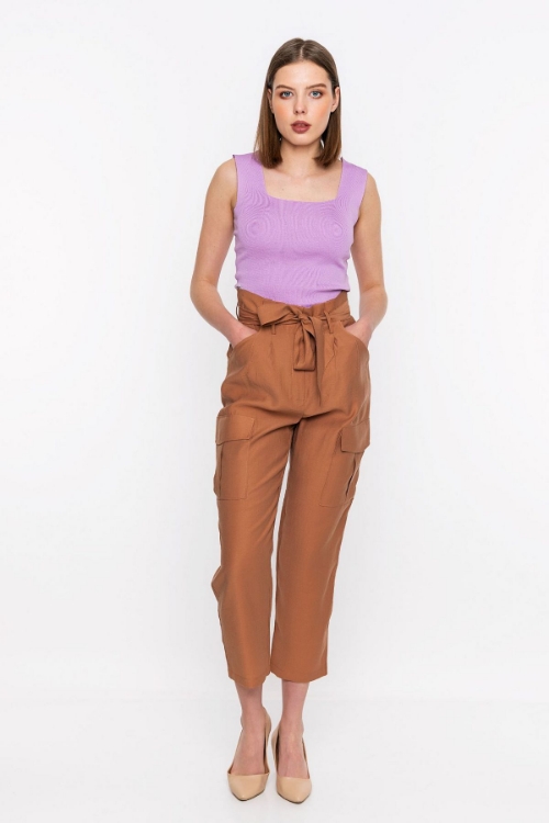 Picture of Woman Brown Belt Detayli Side with pockets Trousers