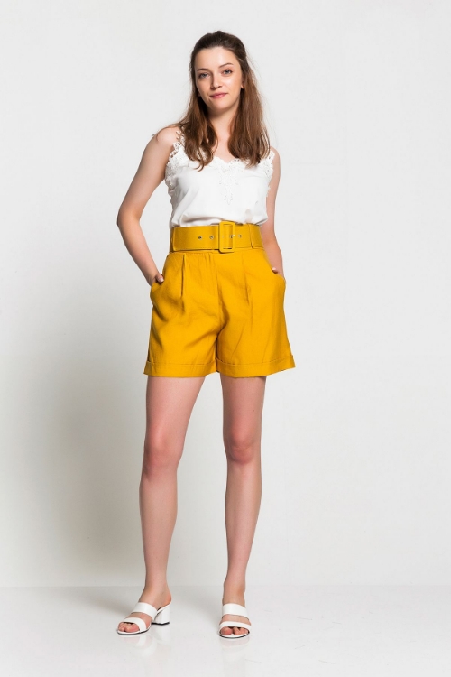 Picture of Woman Mustard Mustard Yellow Belted Linen Sort