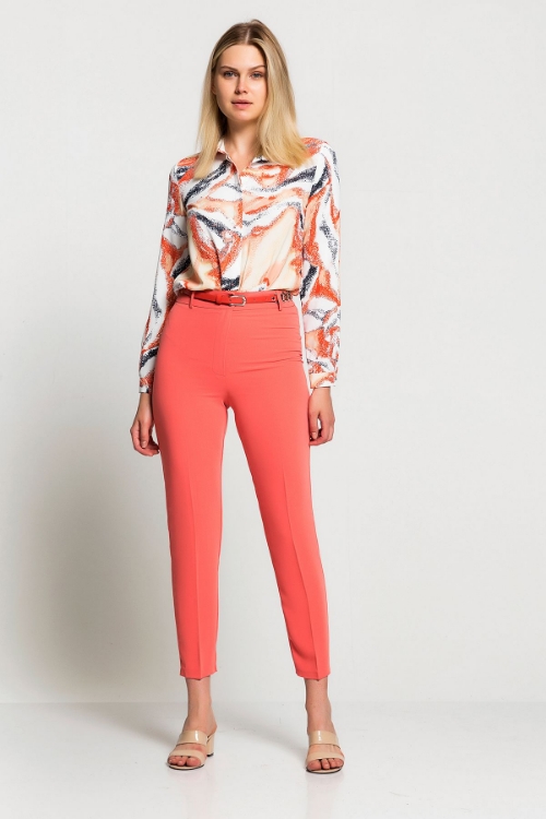 Picture of Woman Salmon Belted High Waist Trousers