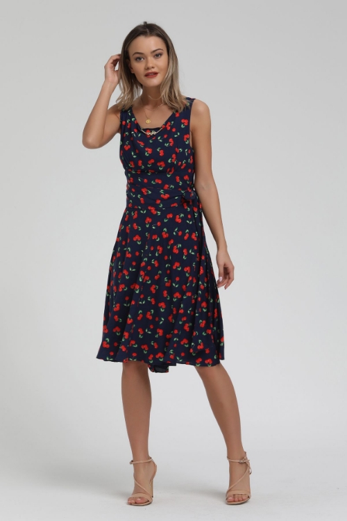 Picture of Woman Navy Navy Blue Cherry Patterned Sleevless Dress