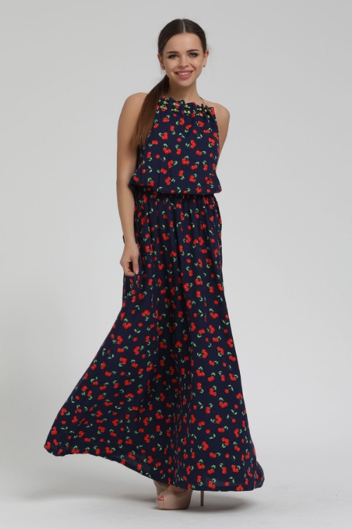 Picture of Woman Navy Navy Blue Cherry Patterned shoulders Light Long Maxi Dress