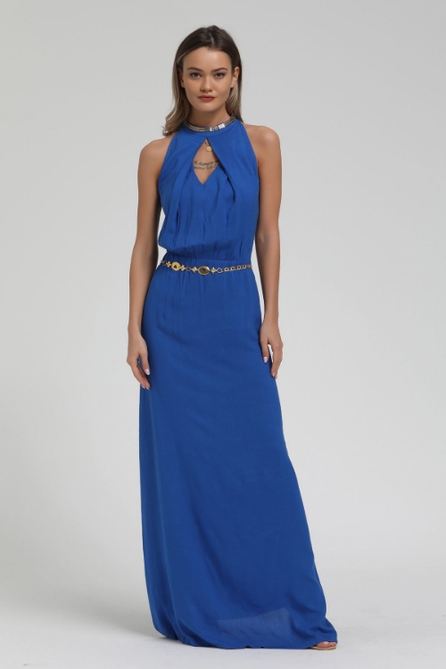 Picture of Woman Blue Sleevless Neck Partial Rhinestone Long Maxi Dress