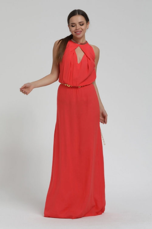 Picture of Woman Red Sleevless Neck Partial Rhinestone Long Maxi Dress