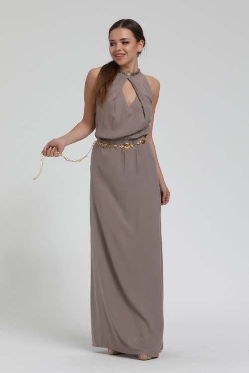 Picture of Woman Mink Sleevless Neck Partial Rhinestone Long Maxi Mink Dress