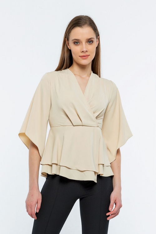 Picture of Woman Beige Double breasted three quarter Trojan Sleeve Work Blouse