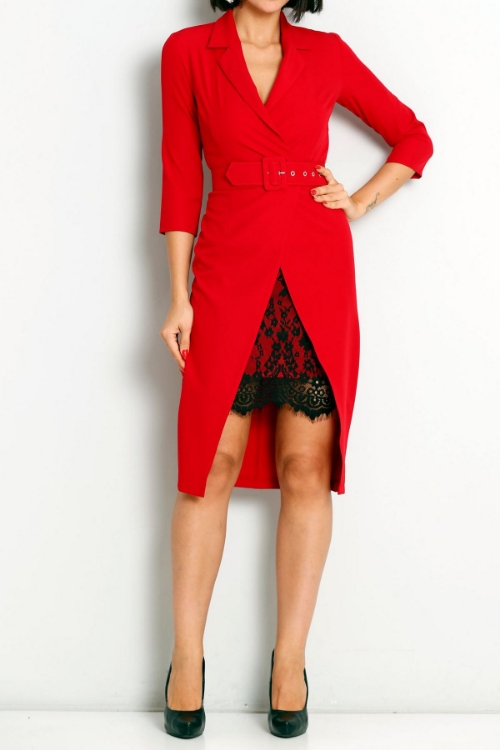 Picture of Woman Red Double breasted Neck Lace Dress