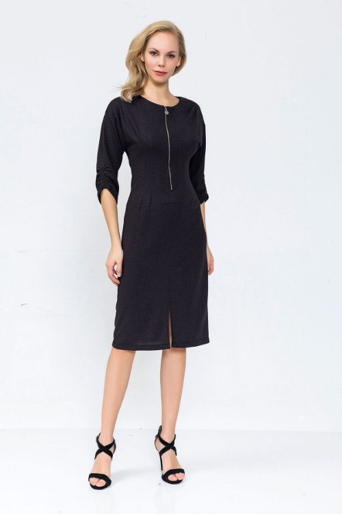 Picture of Woman Black Midi Size Zipper Detailed Work Dress