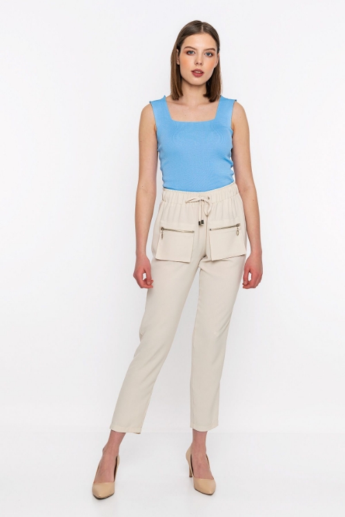 Picture of Woman Beige front Pocket Detayli High Waist Trousers