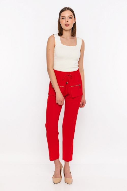 Picture of Woman Red front Pocket Detayli High Waist Trousers