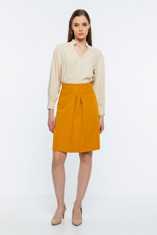 Picture of Woman Mustard Mustard Yellow Front Pleated Knee above Skirt