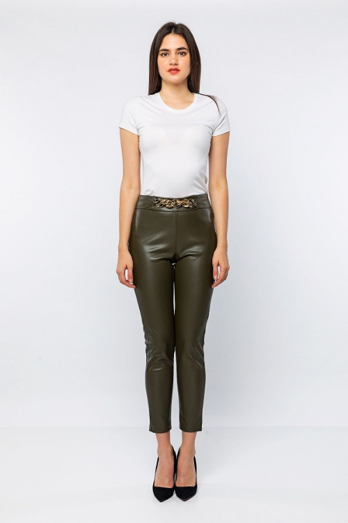 Picture of Woman Khaki Chain Detailed Leather Trousers