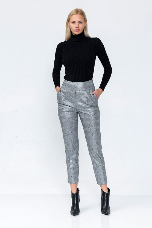 Picture of Woman Grey Shiny Material Plaid Trousers