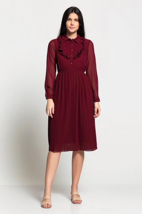 Picture of Woman Bordeux Maroon pleated French Size Chiffon Dress