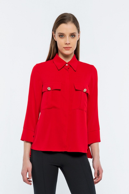 Picture of Woman Red Bag Pocket Buttoned three quarter Trojan Sleeve Blouse
