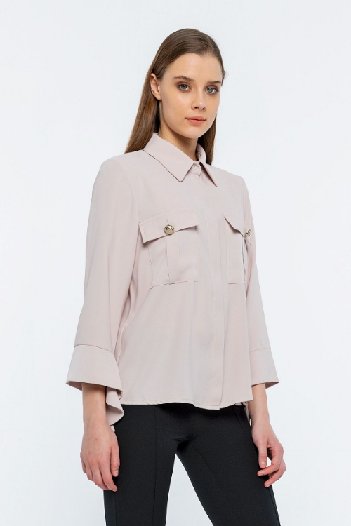 Picture of Woman Beige Bag Pocket Buttoned three quarter Trojan Sleeve Blouse
