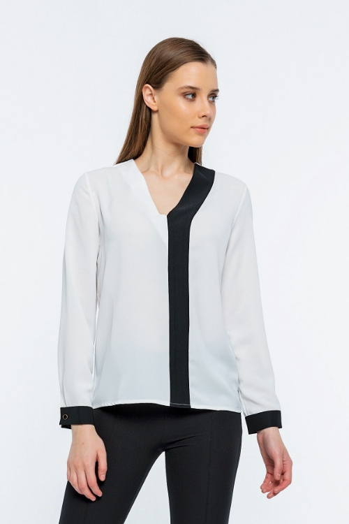 Picture of Woman White V Neck Two Colour Work Blouse