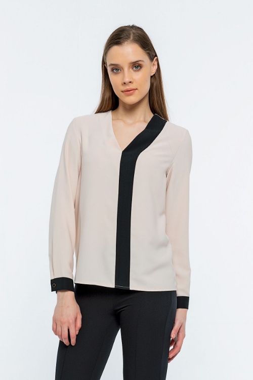 Picture of Woman Beige V Neck Two Colour Work Blouse