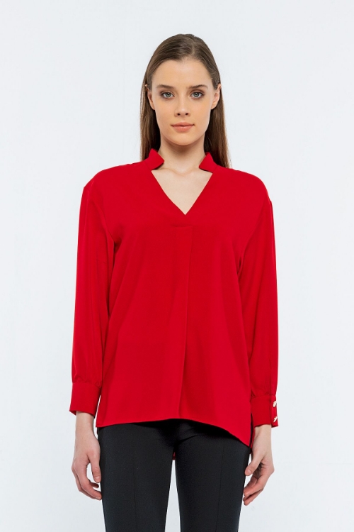 Kadın Kırmızı V Yaka Yanı Yırtmaçlı Bluz resmi