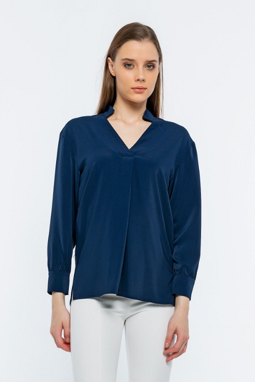 Picture of Woman Navy Navy Blue V Neck Well Slit Blouse