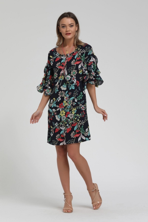 Picture of Woman Black Ruffle Half Sleeve flower Patterned Midi Dress